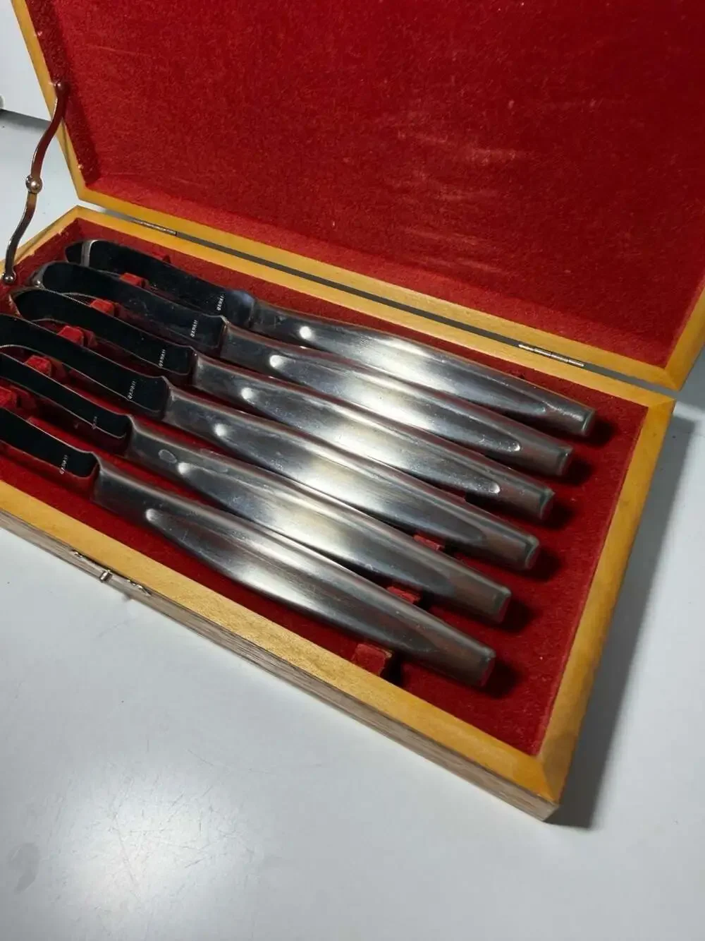 Vintage Stainless Steel Steak Knife Set of 6 in Wood Presentation Case, Japan
